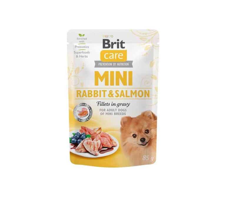 Brit Care Mini konservai šunims maišeliuose Rabbit&Salmon fillets in gravy 85g