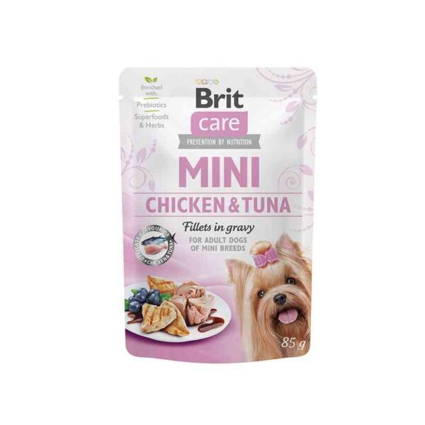 Brit Care Mini konservai šunims maišeliuose Chicken&Tuna fillets in gravy 85g