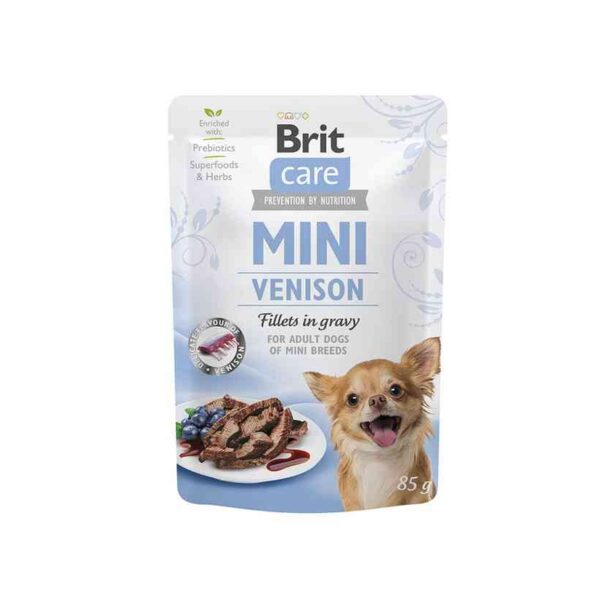 Brit Care Mini konservai šunims maišeliuose Venison fillets in gravy 85g