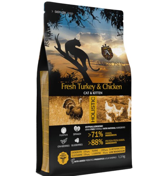 AMBROSIA grain-free Turkey & Fresh Chicken Cat&Kitten, begrūdis kalakutienos ir šviežios vištienos sausas maistas
