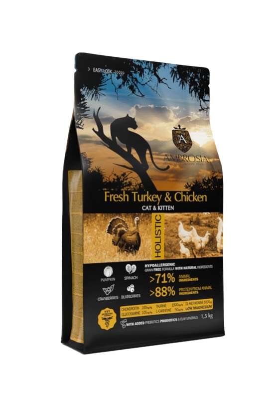 AMBROSIA grain-free Turkey & Fresh Chicken Cat&Kitten, begrūdis kalakutienos ir šviežios vištienos sausas maistas