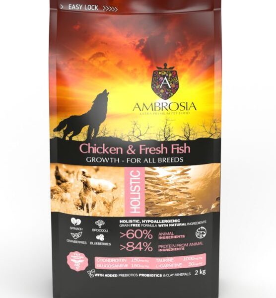 AMBROSIA grain-free Chicken & Fresh Fish Puppy begrūdis vištienos ir šviežios žuvies sausas maistas šuniukams 2kg