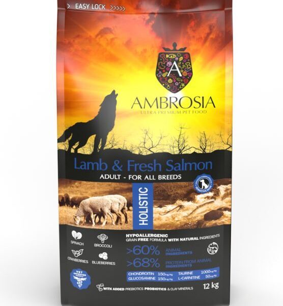 AMBROSIA grain-free Lamb & Fresh Salmon Adult, begrūdis ėrienos ir šviežios lašišos sausas maistas šunims