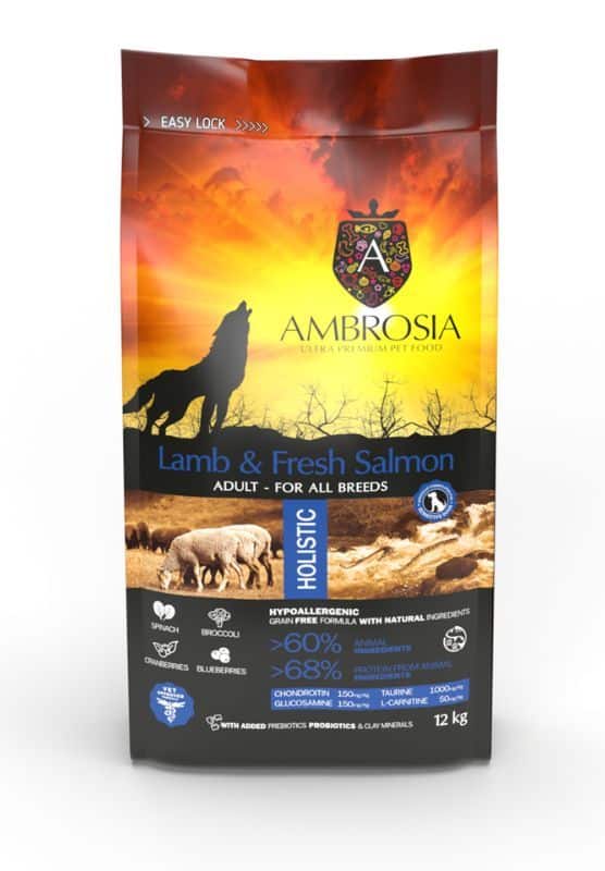 AMBROSIA grain-free Lamb & Fresh Salmon Adult, begrūdis ėrienos ir šviežios lašišos sausas maistas šunims