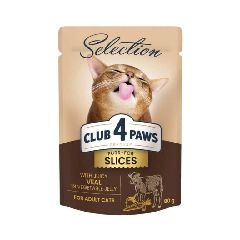 CLUB 4 PAWS Juicy Veal - begrūdžiai konservai katėms su veršiena daržovių drebučiuose