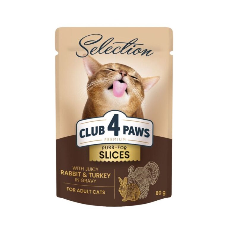 CLUB 4 PAWS Juicy Turkey&Rabbit - begrūdžiai konservai katėms su kalakutienos ir triušienos gabaliukais, daržovių drebučiuose