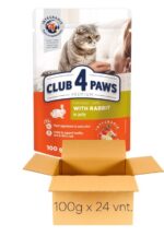 CLUB 4 PAWS Rabbit - konservai katėms su triušiena, drebučiuose 100g x 24vnt.