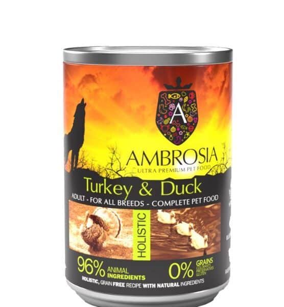 AMBROSIA Turkey & Duck - natūralūs konservai šunims su kalakutiena ir antiena, 400g