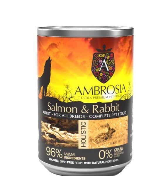 AMBROSIA Salmon & Rabbit - natūralūs konservai šunims su lašiša ir triušiena, 400g