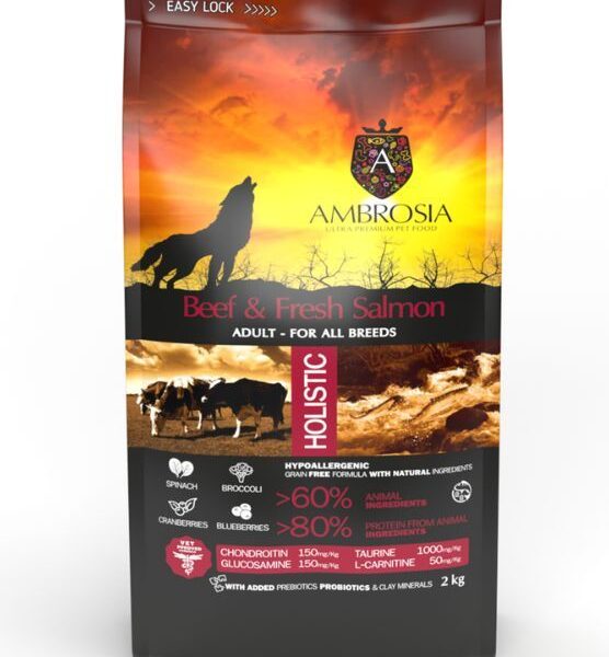 AMBROSIA grain-free Beef & Fresh Salmon Adult, begrūdis jautienos ir šviežios lašišos sausas maistas šunims