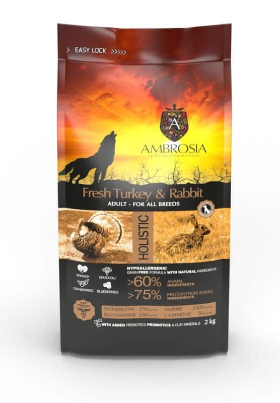 AMBROSIA grain-free Rabbit & Fresh Turkey Adult, begrūdis triušienos ir kalakutienos begrūdis sausas maistas šunims