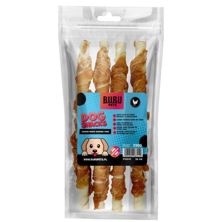 Bubu pets chicken wraps 28cm rawhide stick - buivolo odos lazdelės su vištienos mėsa , 320g