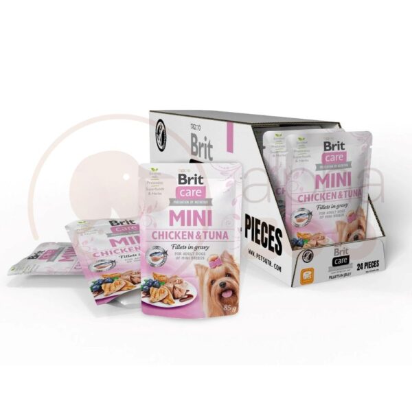 Brit Care Mini Chicken Tuna fillets in gravy konservai šunims maišeliuose 85g