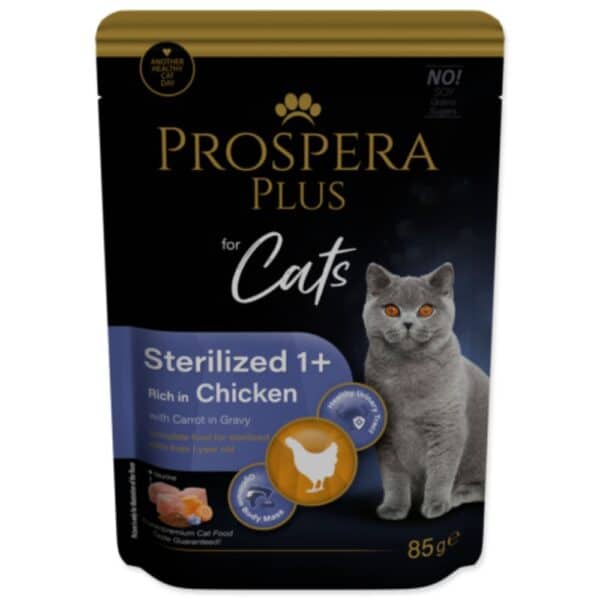 Prospera Plus Cat Sterilised 1+ Chicken konservai sterilizuotoms katėms su lašiša nuo 1 metų, 85g