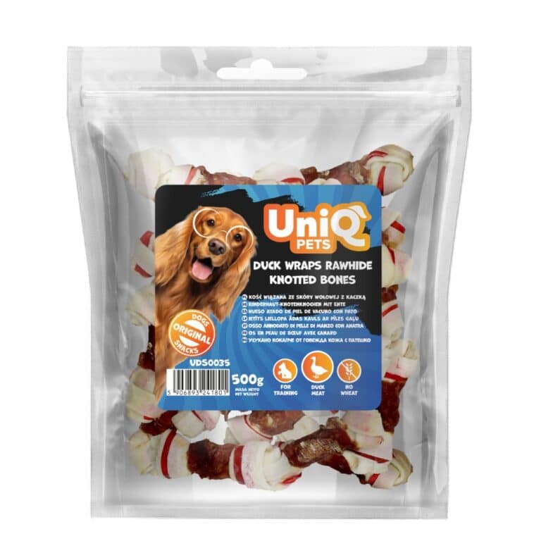 UNIQ PETS duck wraps rawhide knotted bones 500g skanėstai šunims su antienos mėsa