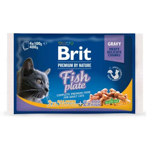 Brit Premium by Nature Cat konservų katėms rinkinys su žuvimi Fish Plate 400g (4x100g)