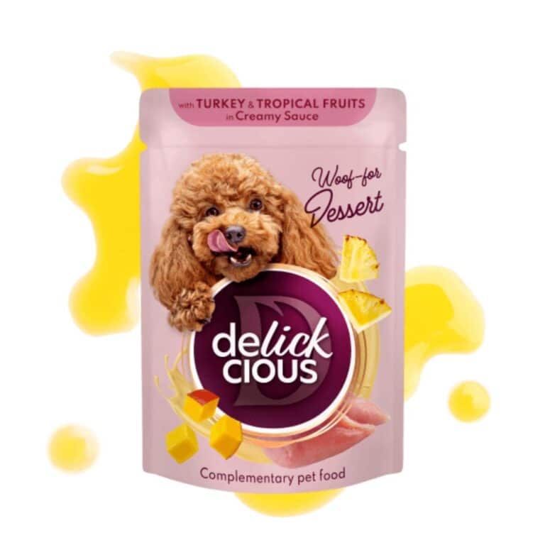 Delickcious Turkey Tropical fruits gabaliukai su kalakutiena ir tropiniais vaisiais kreminiame padaže šunims, 80g