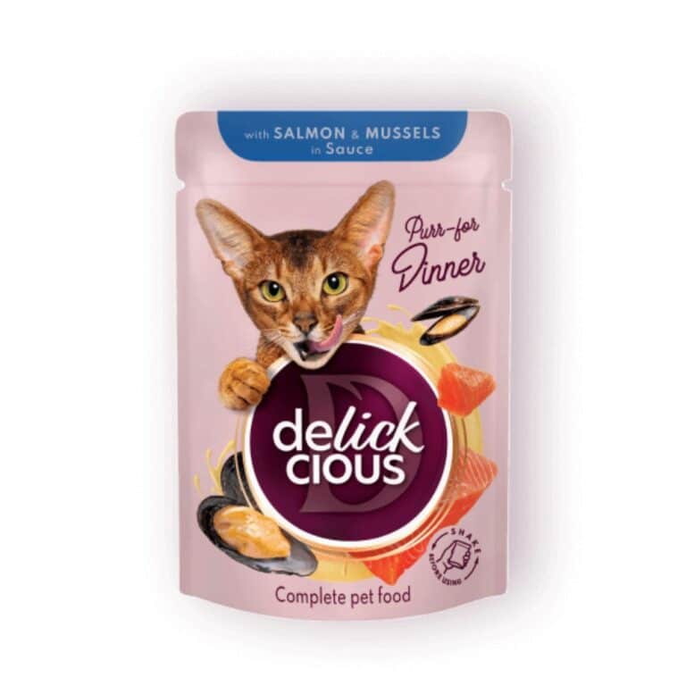 Delickcious Salmon Mussels konservai katėms su lašiša ir midijomis padaže, 85g
