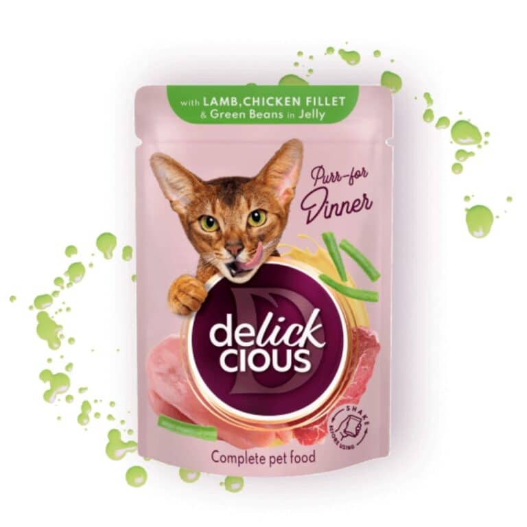 Delickcious konservai katėms su ėriena, vištiena ir šparaginėmis pupelėmis drebučiuose, 85g