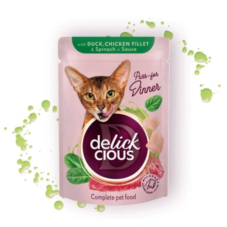 Delickcious konservai katėms su antiena, vištiena ir špinatais padaže, 85g