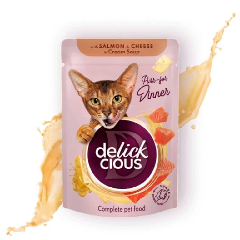 Delickcious juostelės su lašiša ir sūriu kreminėje sriuboje katėms, 85g