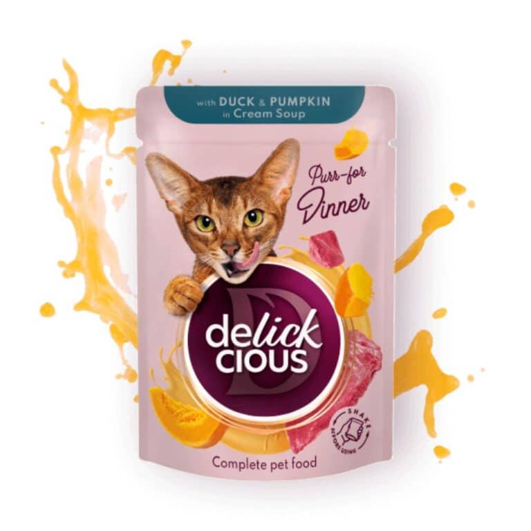 Delickcious juostelės su antiena ir moliūgais kreminėje sriuboje katėms, 85g