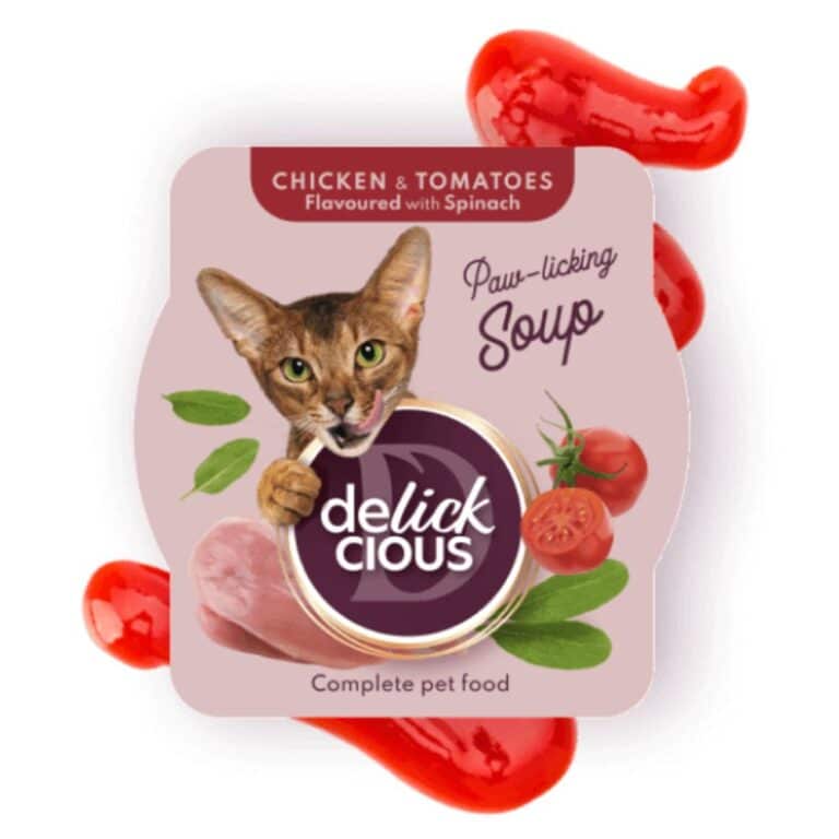 Delickcious vištienos sriuba katėms su pomidorais ir špinatais, 80g