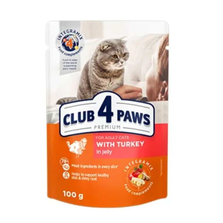 Club 4 Paws konservai katėms su kalakutiena drebučiuose, 100g * 24vnt.