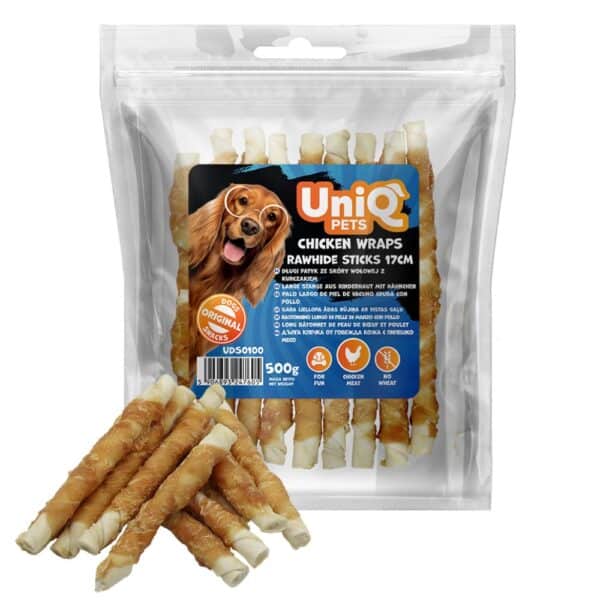 UNIQ PETS dog snacks 500g chicken wraps rawhide sticks 17cm stambios lazdelės su vištiena ir buivolo oda