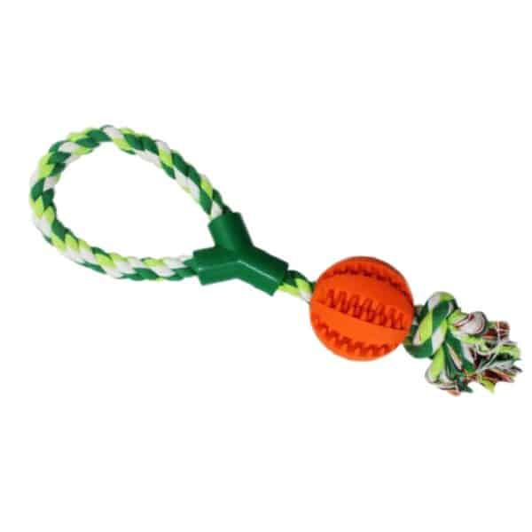 Šunų žaislas – dantų kamuoliukas ant virvės su kilpa, mėtų kvapo, oranžinis, 38 cm